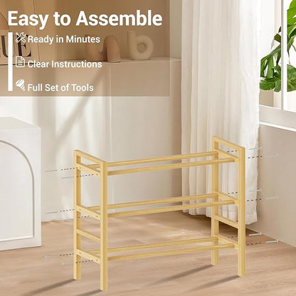 Haddockway Bamboo Shoe Rack for Closet, Free Standing Shoe Organizer with Smooth Round Rods & Convenient Handles, Stackable Shoe Storage Shelf for Entryway, Hallway(Natural, 3-Tier(Small))
