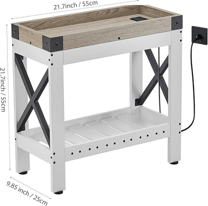 Narrow Side Table, Farmhouse End Table with Charging Station for Small Spaces, with 2 USB and 2 Power Outlets, 21.7" L x 10" W x 21.7" H