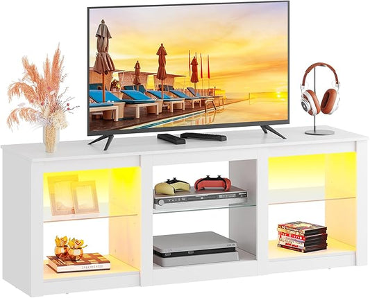 WLIVE LED TV Stand for 65 Inch TV, Modern Entertainment Center with Adjustable Glass Shelves & Customizable LED Lights, Sturdy Media Console for Living Room, Bedroom,Gaming (White)