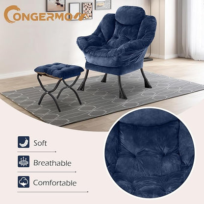 Lazy Chair with Folding Ottoman,Leisure Sofa Chair,Soft Fabric Armchair with Armrests and Side Pockets, Reading Chair with Footrest for Living Room, Bedroom, Office (Plush Navy)