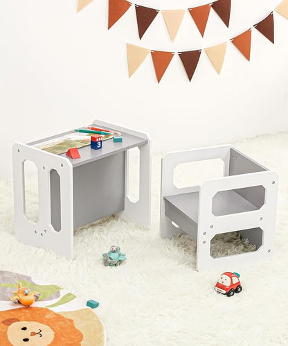 Kids Table and Chair Set, 3-in-1 Wooden Children's Furniture, Water Resistant, Easy to Clean,Toddler Weaning Table for Bedroom, Playroom, Living Room (Grey and White)