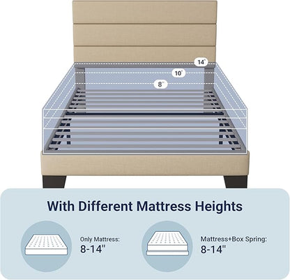 Allewie Twin Size Platform Bed Frame with Fabric Upholstered Headboard and Wooden Slats Support, Fully Upholstered Mattress Foundation/No Box Spring Needed/Easy Assembly, Beige