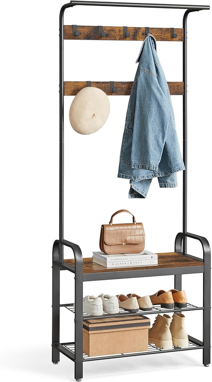 VASAGLE 5-Tier Industrial Bookshelf and 4-in-1 Entryway Coat Rack with Shoe Bench