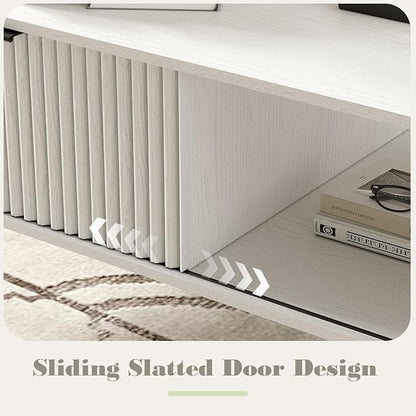 41.34''D Coffee Table, 2-Tiers Farmhouse Coffee Tables With Storage and Sliding Wave Pattern Door, Modren Tea Table, Wooden Dining Center Tables for Living Room, Office, Bedroom, Outdoors, White