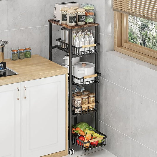 Kitchen Storage Cart Slim Rolling Cart On Wheels,5-Tier Skinny Kitchen Island Utility Organizer Storage Cart with Pull-Out Baskets and Wood Top,Mesh Fruit Basket Cart with Handle