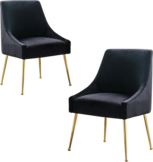 Modern Velvet Dining Chairs Set of 2, Contemporary Upholstered Furniture Collection with Polished Gold Metal Legs, Elegant Accent Chairs for Kitchen Living Room(Black)