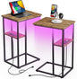 Innerjoin Side Table with Charging Station Set of 2, C Shaped End Table with LED Light Strip, Fast Charge Type C & USB Ports, Small Sofa Snack Laptop Side Table for Living Room Bedroom, Rustic Brown