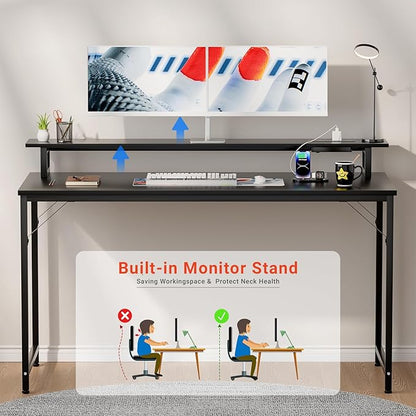 47 inch Computer Desk with Power Outlets, Gaming Desk with LED Lights, Home Office Work Desk with Monitor Shelf, Modern Office Desk Study Writing Table for Small Spaces, Black