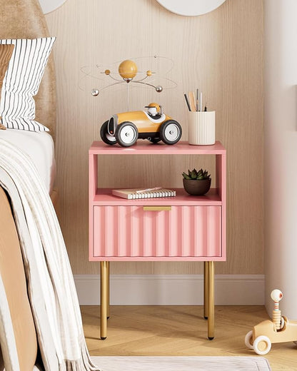 Nightstand,Modern Bedside Table with Gold Frame,Pink Night Stand,Bedside Furniture, Modern Side Table with Drawer and Shelf for Bedroom,Living Room (Pink)