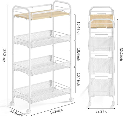 KINGRACK Metal Wide Rolling Cart, 4-Tier Metal Utility Cart, Storage Cart with Wooden Tabletop, for Laundry Bathroom Kitchen Room Bedroom Apartments Dormitory (Pure White, Wide)