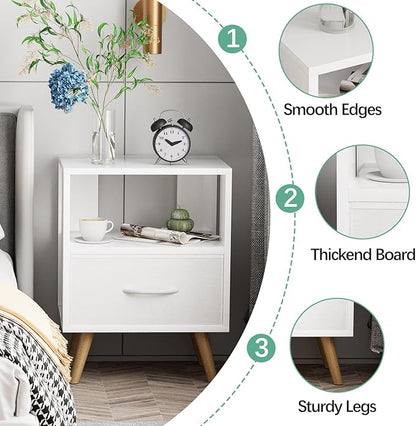 Night Stand, White Kids Nightstand with Drawer, Nursery Side Table with Open Storage, 2-Tier Modern End Table, Bedside Table for Small Space, Living Room, Bedroom