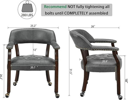 LEEMTORIG Large Dining Chairs with Casters and Arms, Rolling Dining Chairs with Wheels, Accent Game Chairs, Boss Caption's Chairs, 26"D x 25.2"W x 31.5"H, Espresso Legs & Dark Grey Fabric SY-318-GY