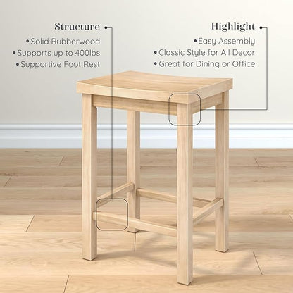 Grain & Grove Smith Collection Solid Wood Counter Height Bar Stool, 24-Inch Saddle Seat Backless Stool, Ideal for Kitchen Island, Dining, or Home Bar Seating, Blonde