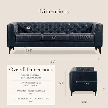 Poly & Bark Essex Leather Couch - 89-Inch Sofa with Tufted Back - Full-Grain Leather Sofa for Living Room with Feather-Down Topper - Living Room Couch - Vintage Italian Leather in Midnight Blue