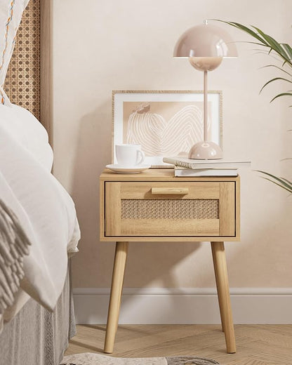 Rattan Nightstand, Small Night Stand, Side Table with Drawer Open Shelf, Cane Accent Bedside End Table with Wood Legs, Bohemian Wood Nightstand for Bedroom, Oak (Bohemian)