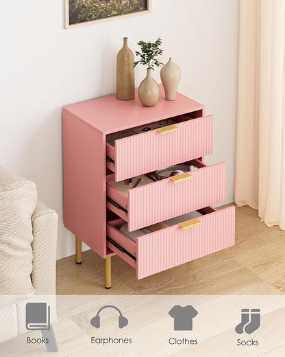 Night Stand,Tall Bedside Table with 3Storage Drawers,Pink nightstand,Bedside Furniture,Side Table with Gold Frame,Drawer Dresser for Bedroom,Living Room (Modern-3drawers, Pink)