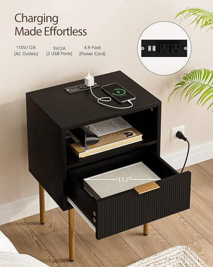 Nightstand,Small Bedside Table with Gold Frame,Morden Night Stand with 2 Drawer,End Table,Side Table with Drawer and Shelf for Bedroom,Living Room (Black-1Drawer-Outlet)