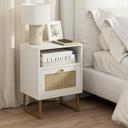 Masupu Rattan Nightstand,Modern Boho Farmhouse Wood Bedside Table with Storage Drawer and Open Shelf,Small Gold Frame Side End Table for Bedroom,Living Room,Office(White)