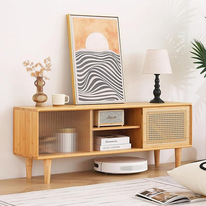 Tiita Rattan TV Stand for 55 Inch TV, Bamboo TV Cabinet with Adjustable Shelf and Storage, Boho Entertainment Center, Mid Century Modern Media Console for Bedroom, Living Room, Study (Natural)