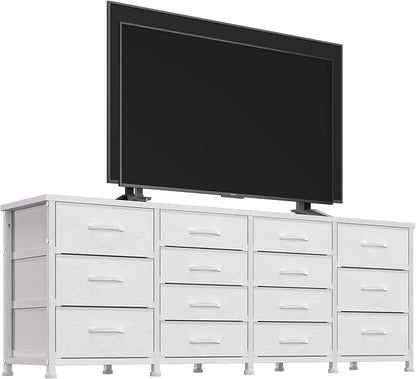 63 Inch TV Stand Dresser for Bedroom, Long White Dresser with 14 Fabric Drawers for 65 70 75 Inch TV, Entertainment Center with Storage Media TV Console Table