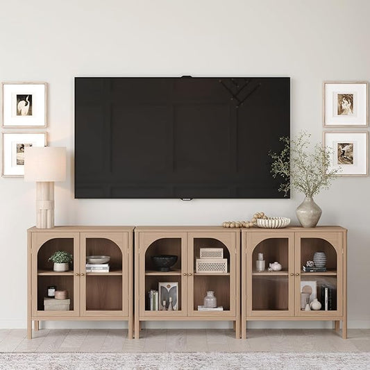 Nathan James Mason Modern Farmhouse TV Stand, Free Standing Accent Sideboard Buffet, Cabinet with Glass Doors and Adjustable Shelf, Clear Glass/Raw Oak Set of 3