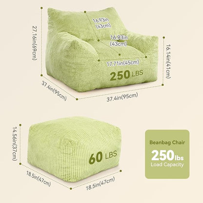 INMOZATA Bean Bag Chair for Adults, 3FT Beanbag Chair with Ottoman Pre-Filled Fluffy Lazy Chair Corded Fabric Accent Chair for Bedroom Living Room Dorm (Green)