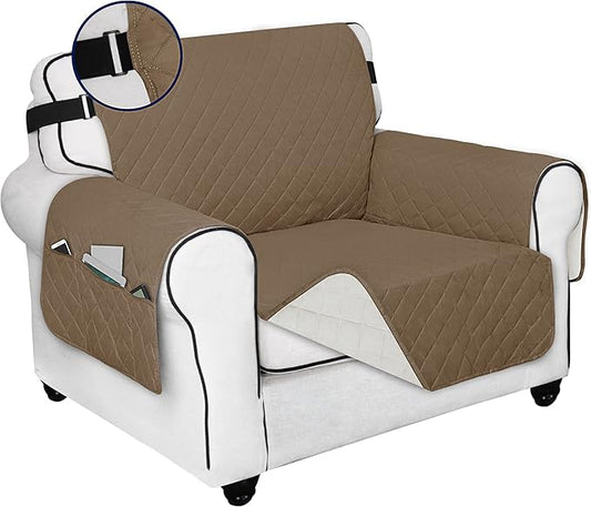 PureFit Reversible Sofa Cover Water Resistant Chair Couch Cover, Machine Washable Furniture Cover with Non-Slip Foam and Adjustable Strap for Dogs, Pets (Chair, Camel/Ivory)