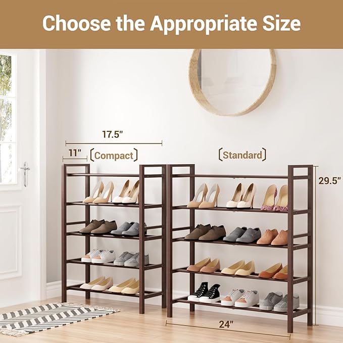 Haddockway Bamboo Shoe Rack for Closet, Free Standing Shoe Organizer with Smooth Round Rods & Convenient Handles, Stackable Shoe Storage Shelf for Entryway, Hallway(Brown, 5-Tier(Small))