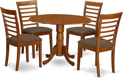 East West Furniture DLML5-SBR-C 5 Piece Dinette Set for 4 Includes a Round Dining Room Table with Dropleaf and 4 Linen Fabric Upholstered Dining Chairs, 42x42 Inch, Saddle Brown