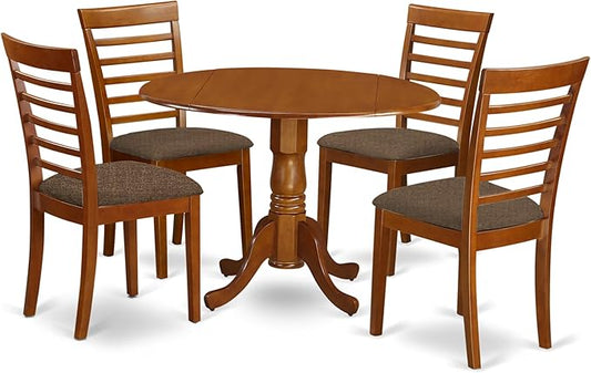 East West Furniture DLML5-SBR-C 5 Piece Dinette Set for 4 Includes a Round Dining Room Table with Dropleaf and 4 Linen Fabric Upholstered Dining Chairs, 42x42 Inch, Saddle Brown