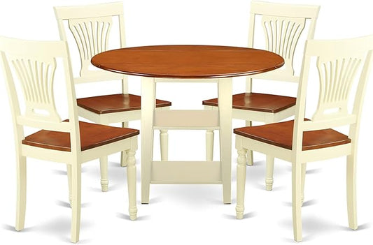 East West Furniture SUPL5-BMK-W 5 Piece Dining Room Table Set Includes a Round Kitchen Table with Dropleaf & Shelves and 4 Dining Chairs, 42x42 Inch, Buttermilk & Cherry