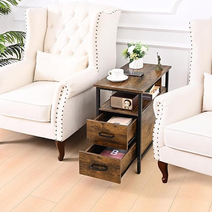 Side Tables with Charging Station, Narrow End Table with 2 Wooden Drawers, USB Ports and Power Outlets, Narrow Nightstand and Bedside Table, Side Tables Living Room, Bedroom, Brown
