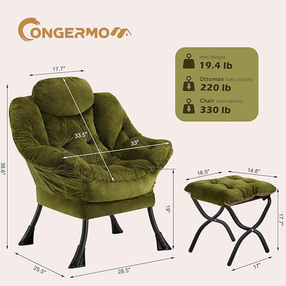 Lazy Chair with Folding Ottoman,Leisure Sofa Chair,Soft Fabric Armchair with Armrests and Side Pockets, Reading Chair with Footrest for Living Room, Bedroom, Office (Plush Green)
