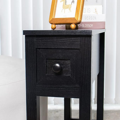Narrow End Table, Black Side Table with Drawer, Slim Bed Side Table for Small Space/Night Stand Set of 1, Side Table for Couch
