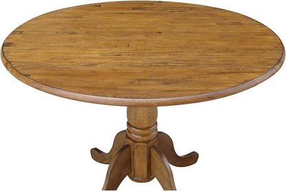 42" Round Dual Drop Leaf Pedestal Dining Table Solid Wood, Easy Assembly, Sturdy Parawood, Kitchen/Dining Room, 29.5"H x 42"W x 42"D, 20mm Thickness Top, Includes Two 9" Drop Leaves