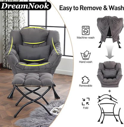 Lazy Chair with Ottoman, Modern Accent Chair with Lumbar Pillow, Comfy Chairs with Folding Footrest for Bedroom, Reading, Oversized Supportive Lounge Chairs(Dark Grey)