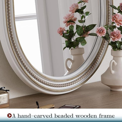 Boho Oval Mirror, 24" x 48" White Beaded Tall Farmhouse Mirrors Antique Oval Bathroom, Wooden Rustic Decorative Mirror for Wall, Bedroom, Dining Room, Hallway