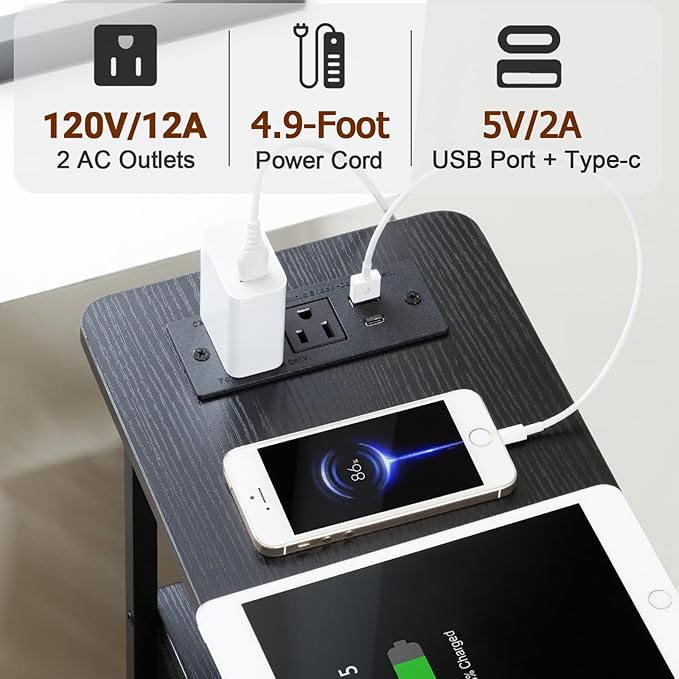 Narrow End Tables Living Room Set of 2 with Charging Station, Skinny Side Table with Fabric Drawers, Slim LED Nightstand for Bedroom, Small Spaces, Couch, Black, HETNDP02LBK