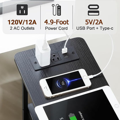 Narrow End Tables Living Room Set of 2 with Charging Station, Skinny Side Table with Fabric Drawers, Slim LED Nightstand for Bedroom, Small Spaces, Couch, Black, HETNDP02LBK
