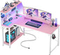 Homieasy Small Gaming Desk with Power Outlets Pegboard LED Light, 51 Inch L Shaped Computer Desk with Monitor Stand Storage Shelves, Reversible Corner Desk with Headset Hooks, Carbon Pink