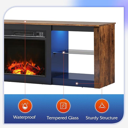 WLIVE 58 Inches Fireplace TV Stand with LED Lights, Modern Entertainment Center with 18'' Electric Fireplace & Adjustable Glass Shelves, Sturdy Media Console for Living Room, Bedroom,Gaming (Brown)