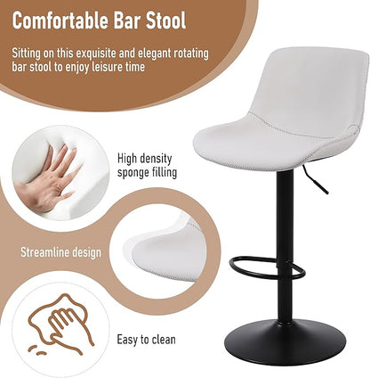 Bar Stools, Swivel Counter Height Barstools with Back, Adjustable Modern Bar Chairs, Tall Armless PU Leather Kitchen Island Stool (White, Set of 4)