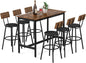 Dining Table Set for 6, 7-Piece Bar Table Set, Kitchen Table and Chairs, Counter Height High Top Table with 6 PU Upholstered Stools, Space-Saving Pub Tables Set for Small Space, Brown