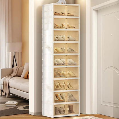 Foldable Shoe Organizer Storage Box, Portable Extra Large Folding Shoe Rack for Closet, Shoe Storage Box with Magnetic Transparent Door and Wheels, 9 Layers 18 Grids for 2 PCS