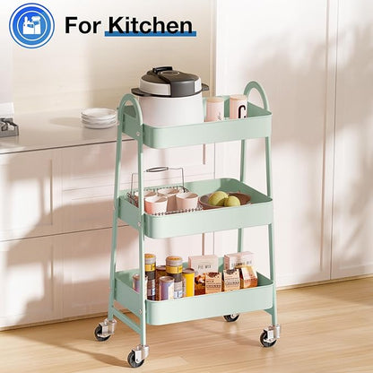 OLIXIS 3 Tier Utility Rolling Cart with Lockable Caster Wheels, Metal Mobile Storage Shelf, Organization for Livingroom, Bathroom, Kitchen, & Narrow Places, Light Green