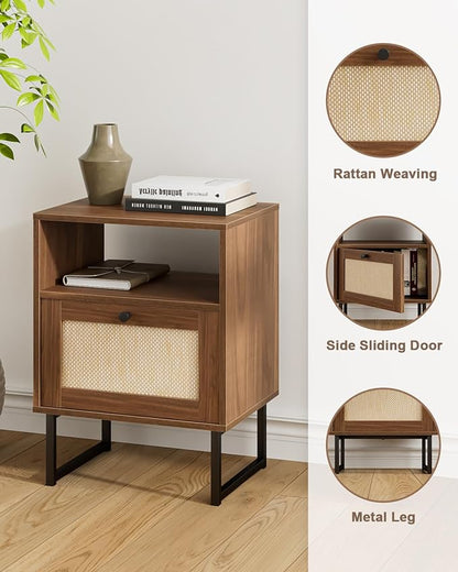 Rattan Nightstand, Mid Century Modern Night Stand,Boho Farmhouse Wood Bedside Table with Storage and Open Shelf, End Side Accent Table for Bedroom,Living Room,Walnut