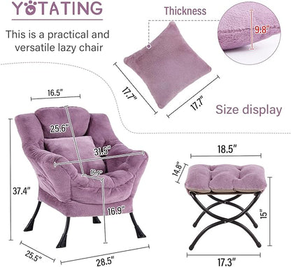 Lazy Chair with Ottoman, Comfy Reading Lounge Chair with Footstool & Throw Pillow Modern with Armrests & Side Pocket for Living Room, Bedroom, Dorm Room, Plush Purple