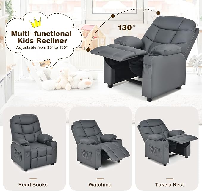 Costzon Kids Recliner Chair with Cup Holder, Adjustable Lounge Chair w/Footrest & Side Pockets for Children Boys Girls Room, Ergonomic Toddler Furniture Sofa, Kids Recliner (Grey)