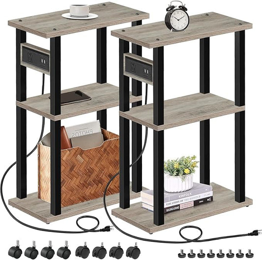 TUTOTAK Small Narrow Side Table with Charging Station, Set of 2 Skinny End Table for Small Spaces, Slim Nightstand with USB Ports and Outlet,Sofa Beside Table with Wheels, Greige TB01BG047