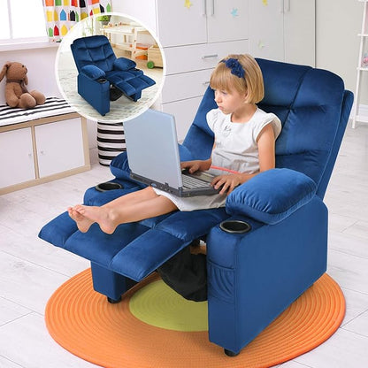 Costzon Kids Recliner Chair with Cup Holder, Adjustable Velvet Lounge Chair w/Footrest & Side Pockets for Children Boys Girls Room, Ergonomic Toddler Furniture Sofa Gifts, Kids Recliner (Blue)